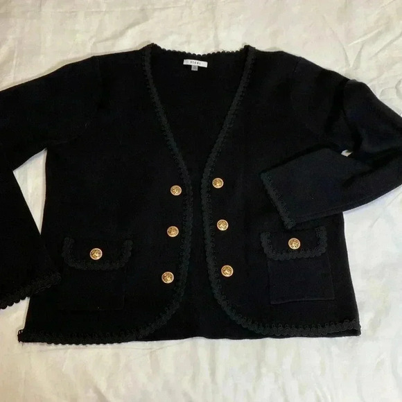 Sioni Black Open Front Cardigan Sweater with Gold Colored Buttons, Size Medium. - Picture 4 of 13